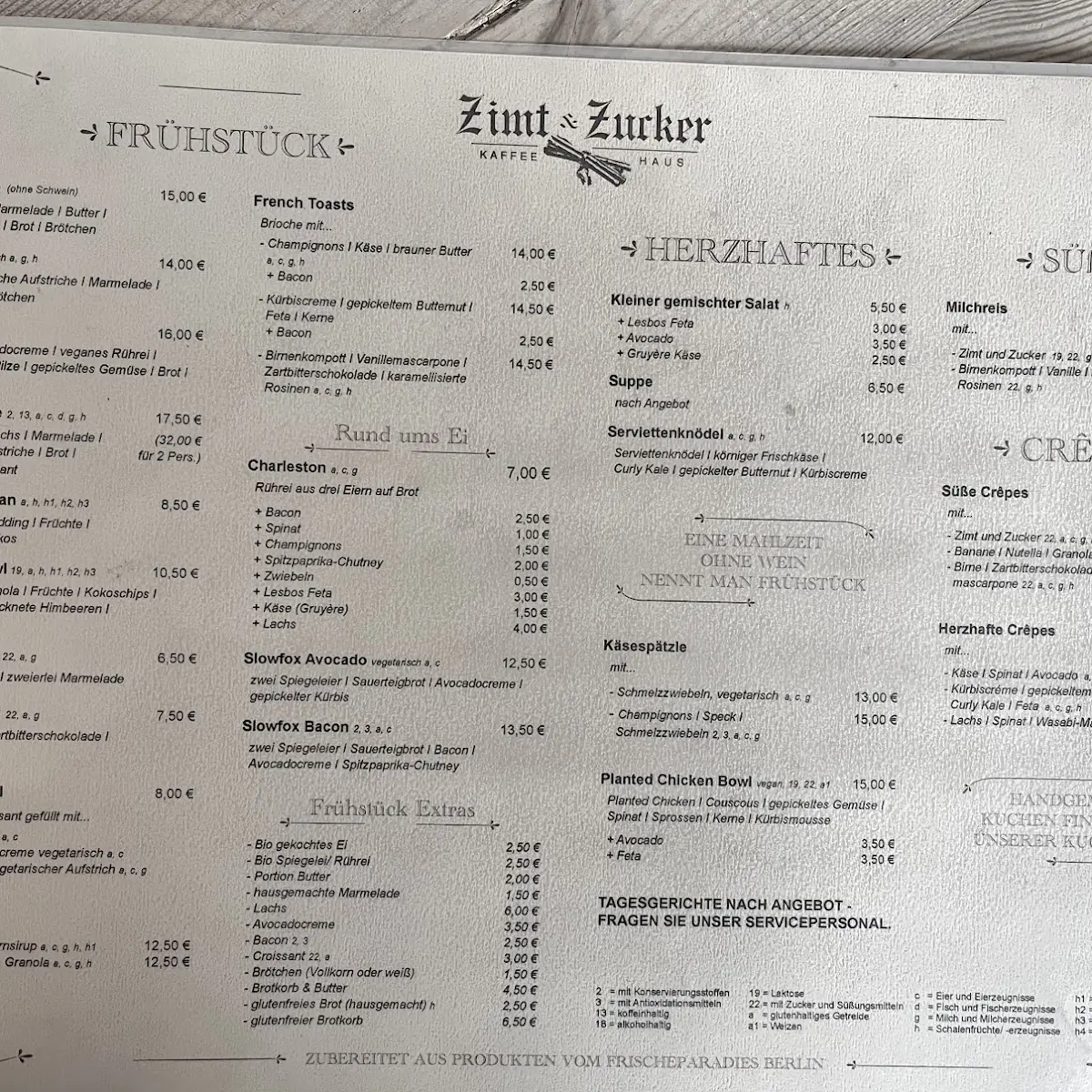 Speisekarte, Zimt & Zucker Kaffeehaus