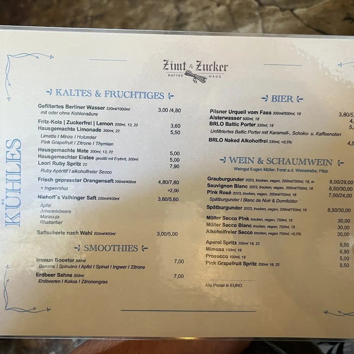 Speisekarte, Zimt & Zucker Kaffeehaus