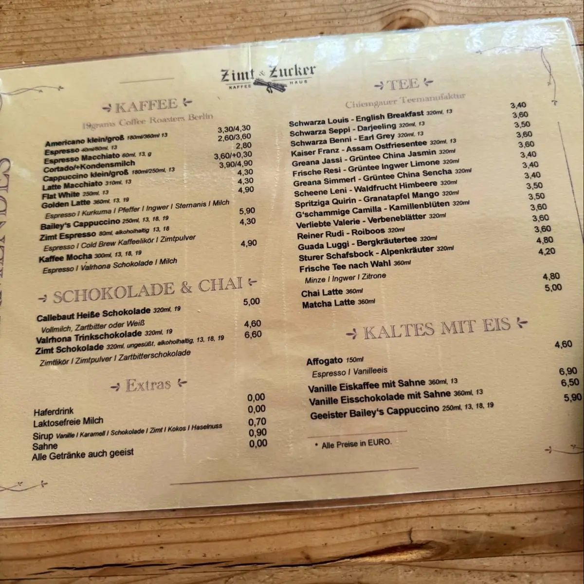 Speisekarte, Zimt & Zucker Kaffeehaus