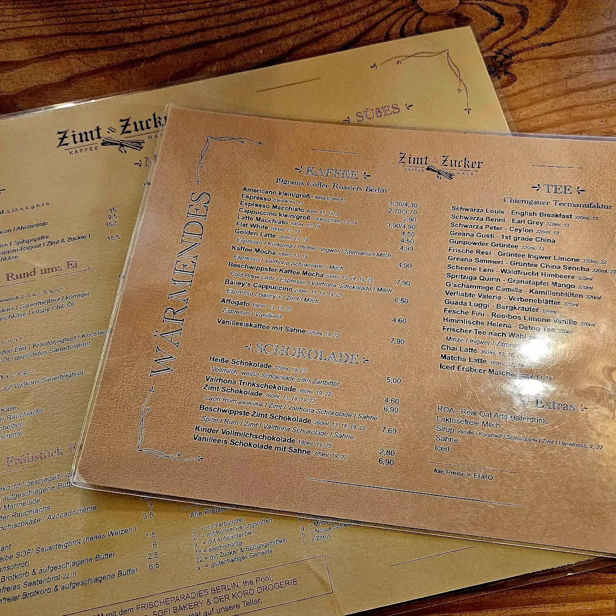 Speisekarte, Zimt & Zucker Kaffeehaus