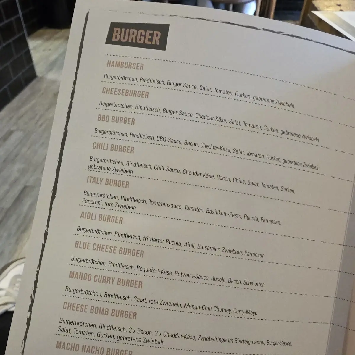 Speisekarte, Piwy's Burger