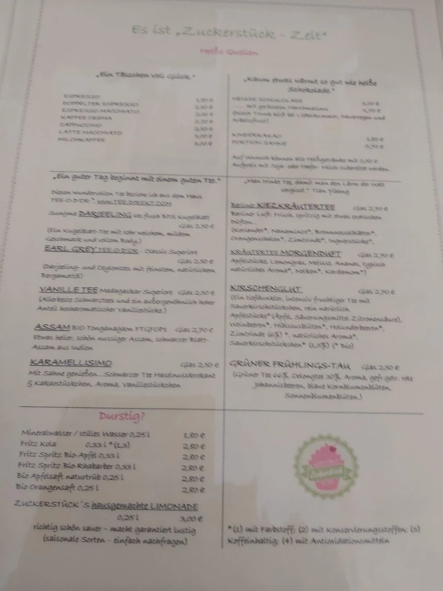 Speisekarte, Cafe Zuckerstück