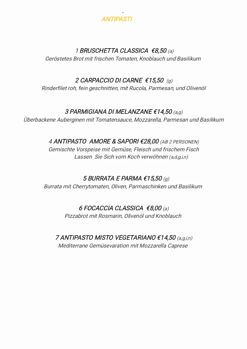 Speisekarte, Amore & Sapori