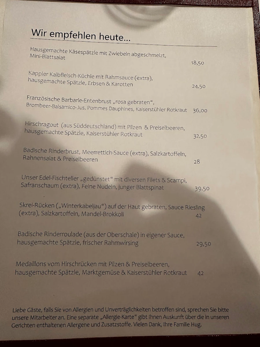 Speisekarte, Gasthaus Zum Kreuz