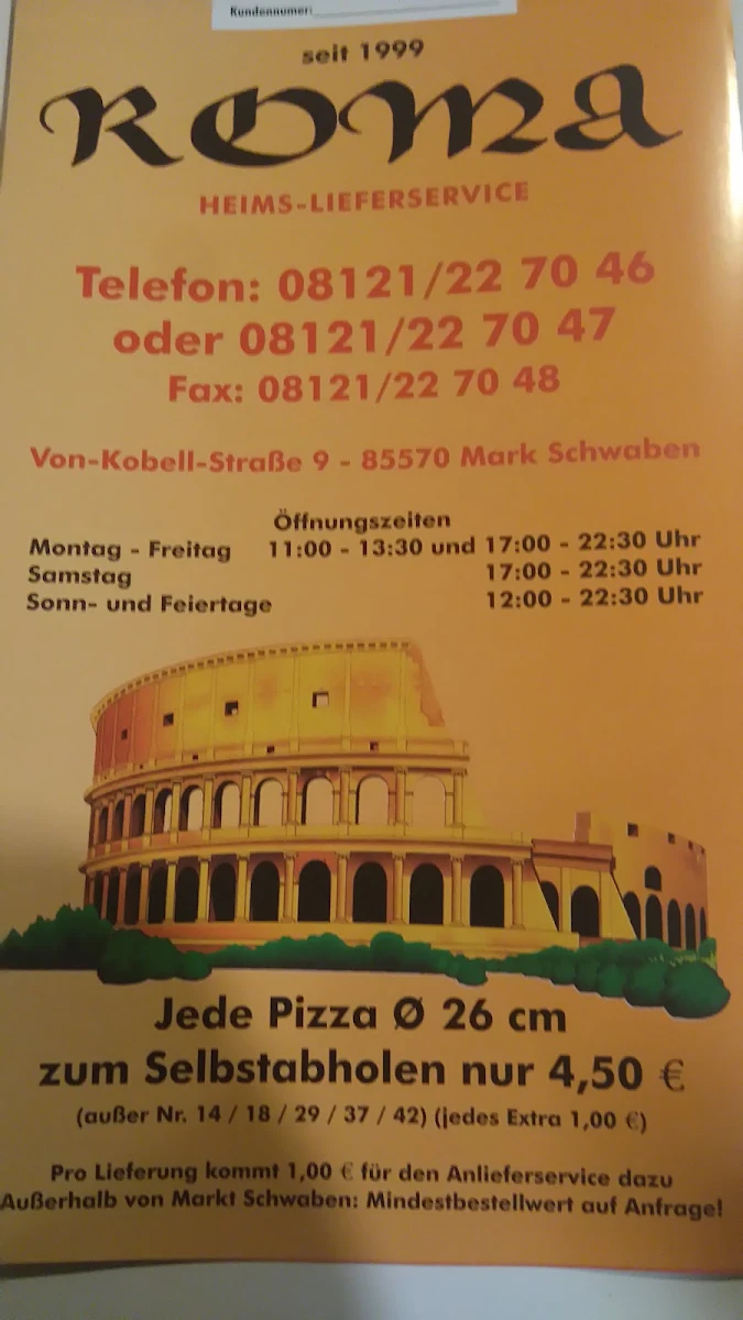 Speisekarte, Roma Pizza