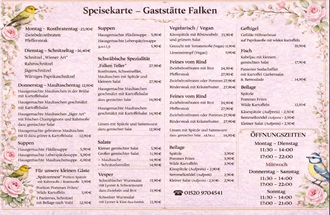 Speisekarte, Falken Speisegaststätte | Rottenburg am Neckar