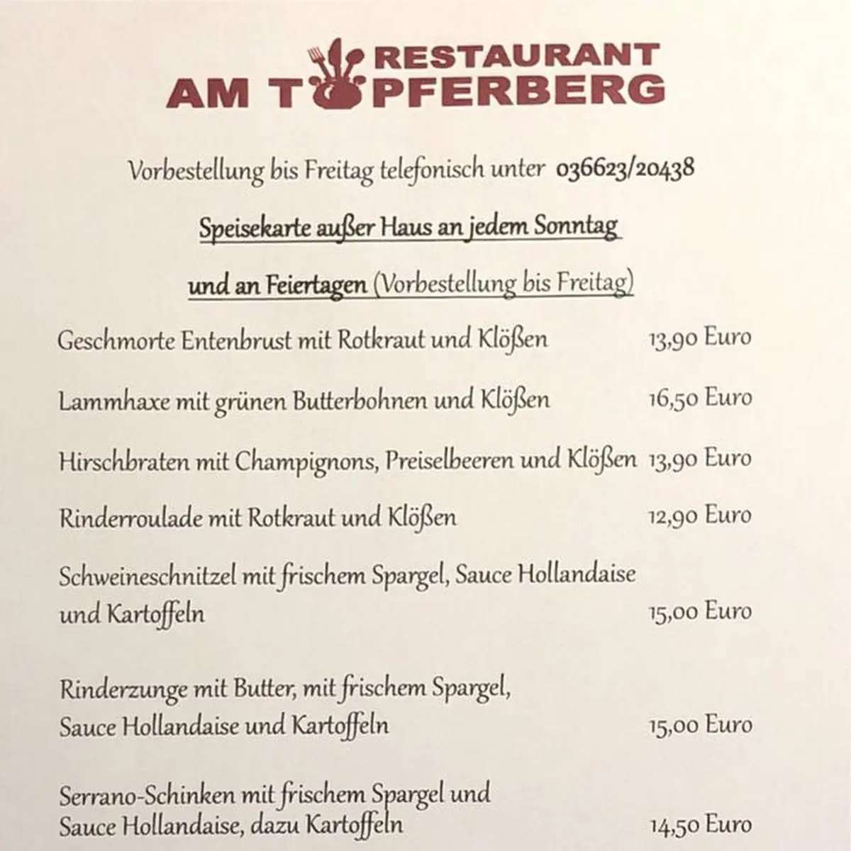 Speisekarte, Restaurant & Camping "Am Töpferberg" - Franziska Rossbach