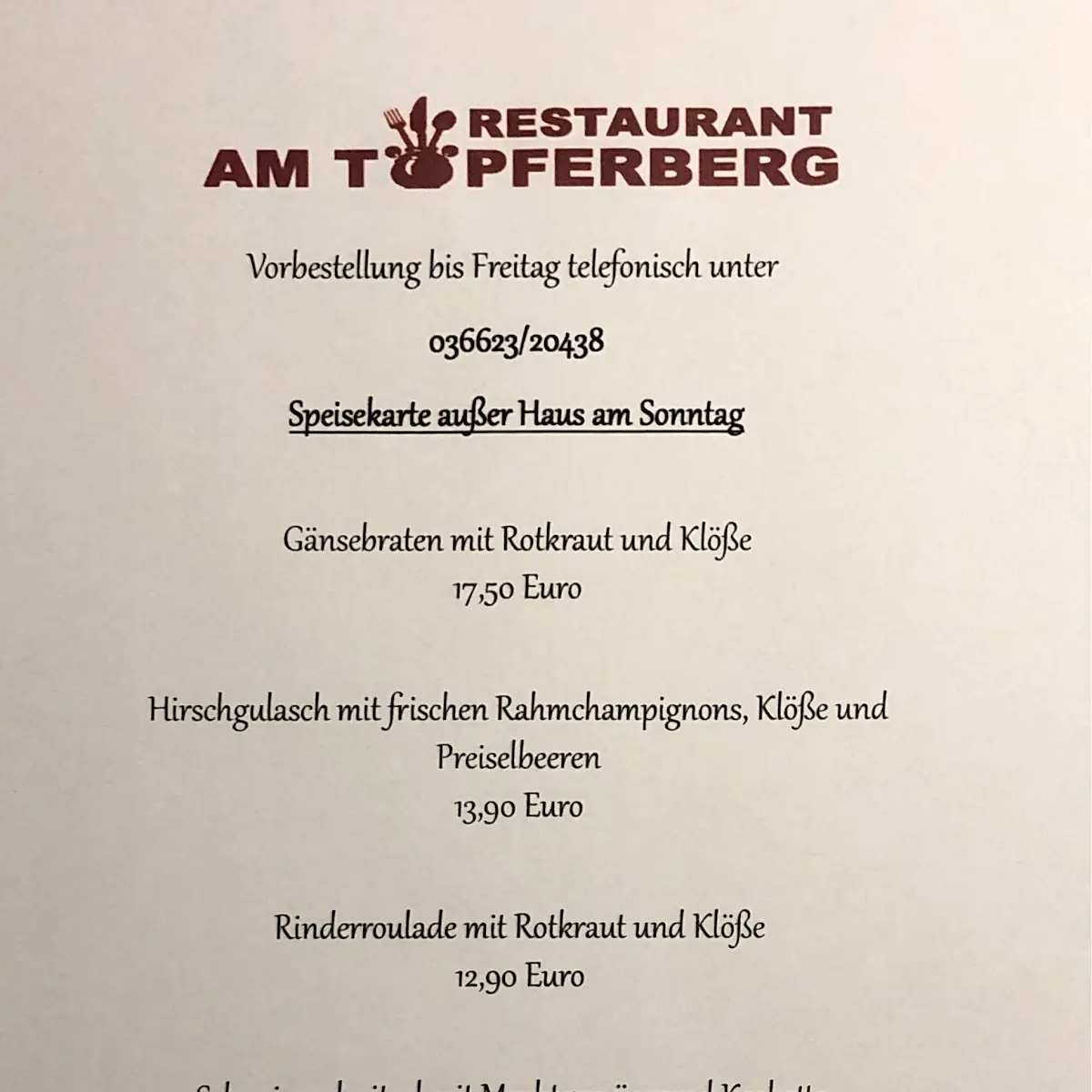 Speisekarte, Restaurant & Camping "Am Töpferberg" - Franziska Rossbach