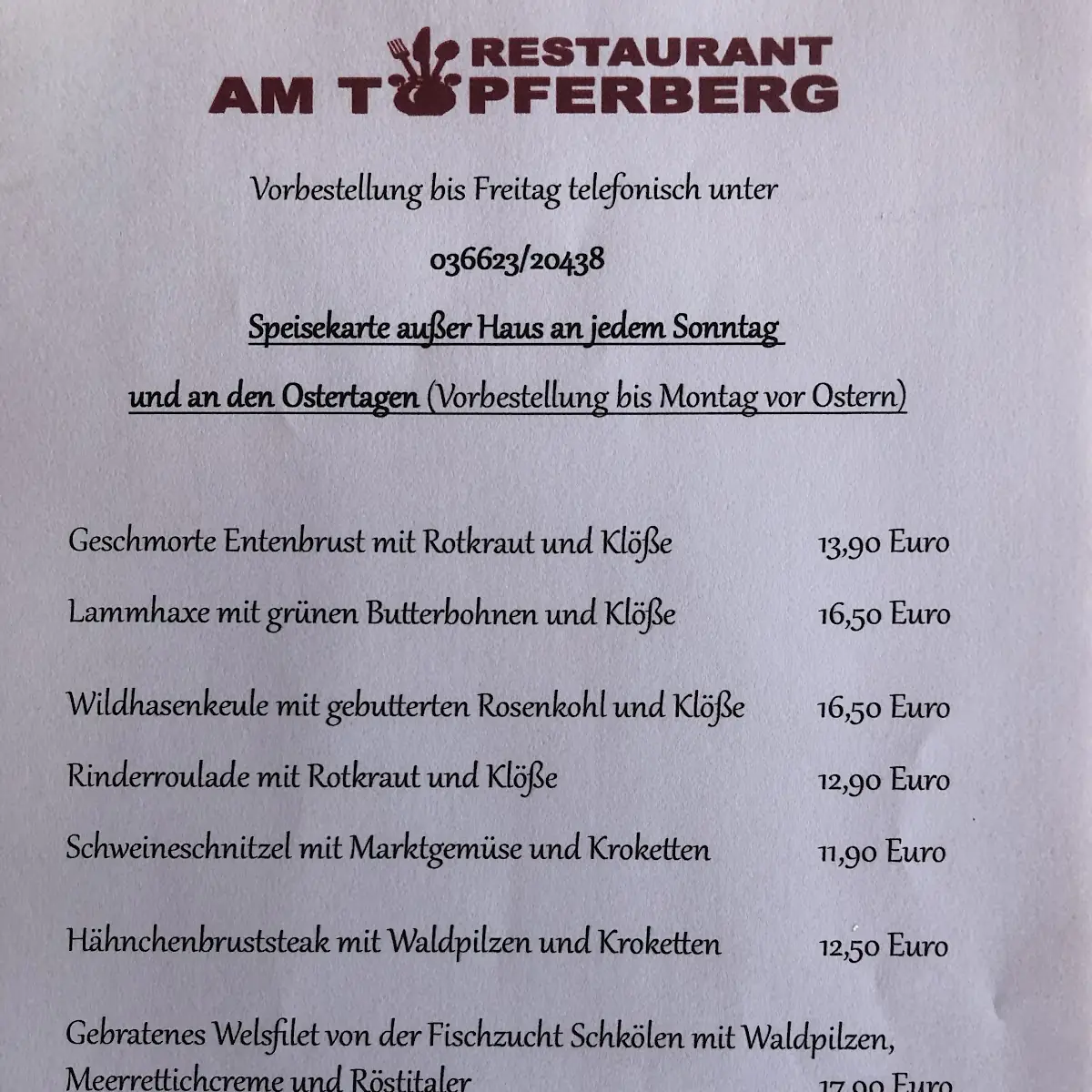 Speisekarte, Restaurant & Camping "Am Töpferberg" - Franziska Rossbach