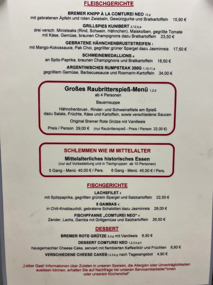 Speisekarte, Comturei Neo