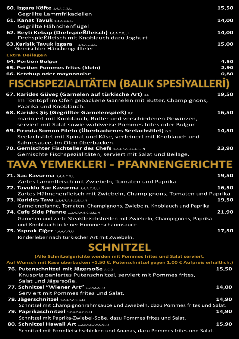 Speisekarte, Restaurant Cafe Side Haus Michels