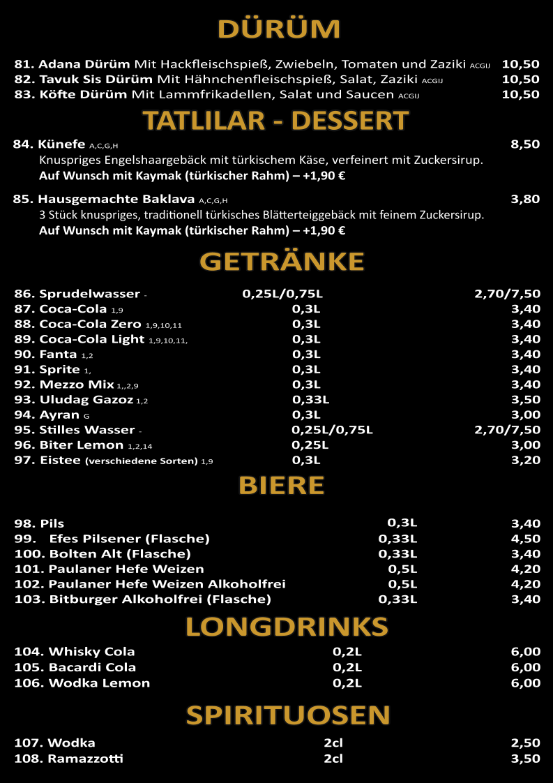 Speisekarte, Restaurant Cafe Side Haus Michels