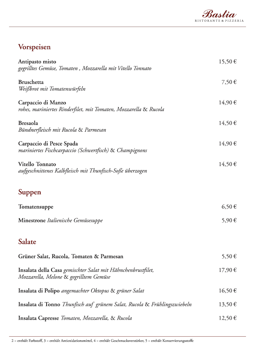 Speisekarte, Ristorante Bastia