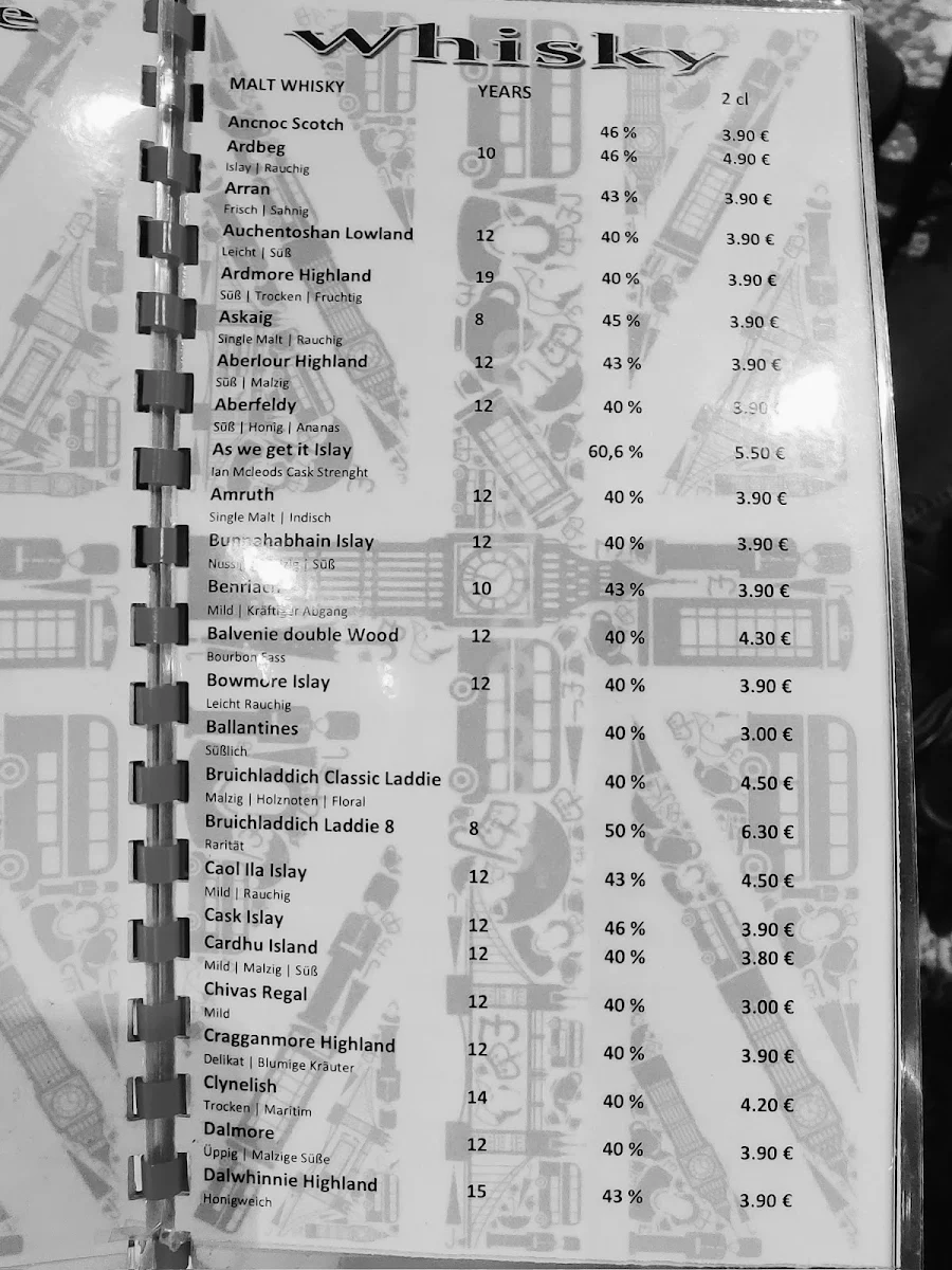 Speisekarte, Shakespeare English Pub