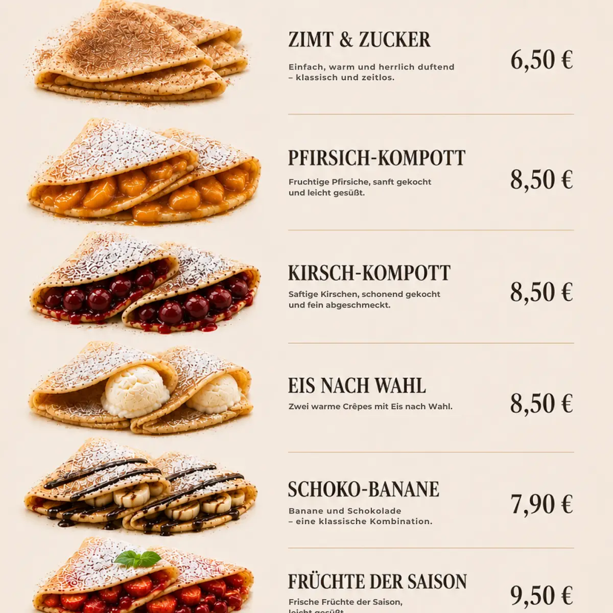 Speisekarte, Süße Manufaktur