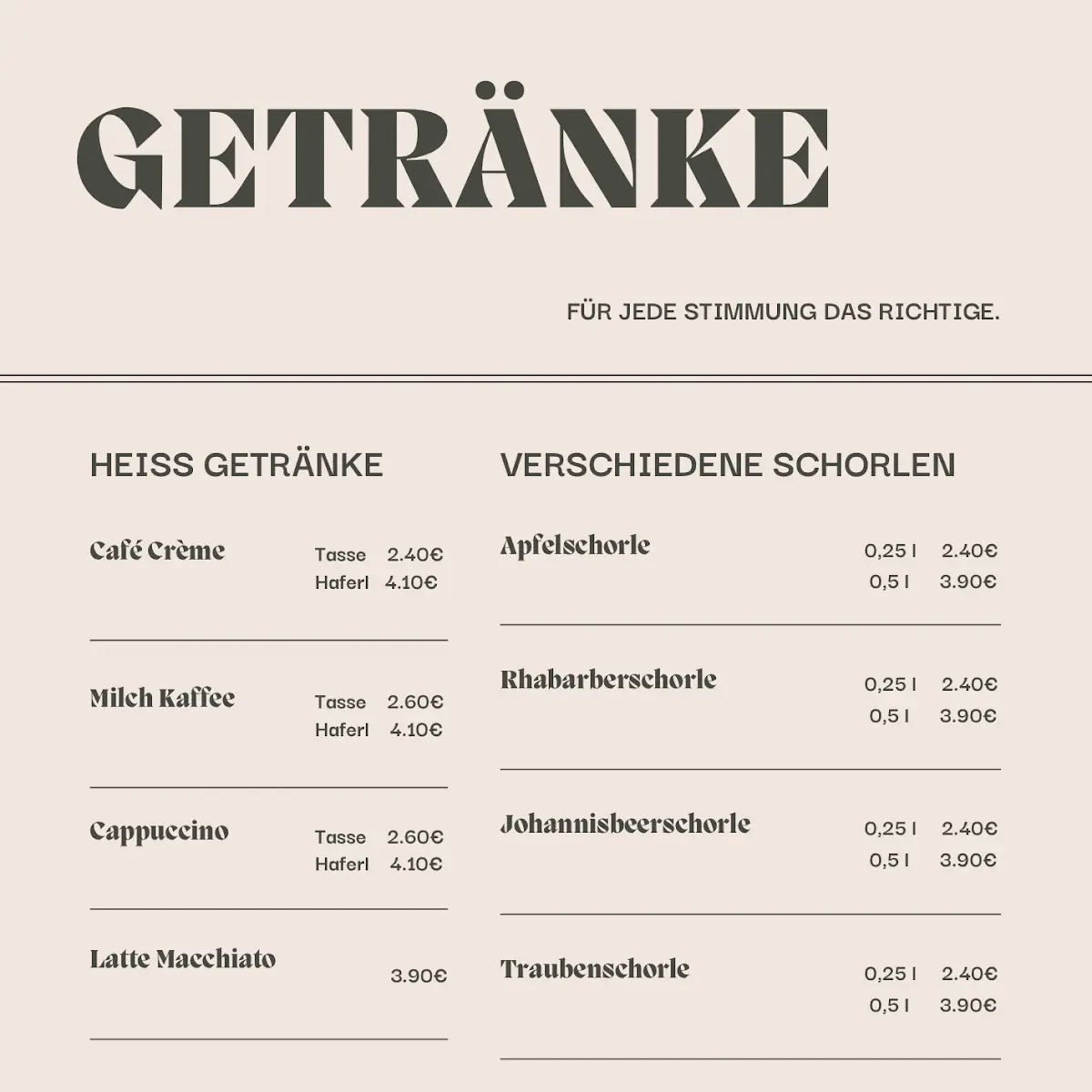 Speisekarte, Süße Manufaktur