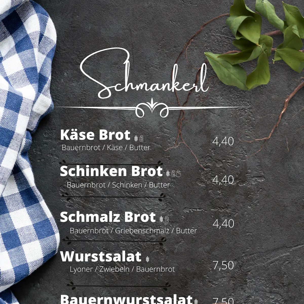 Speisekarte, Süße Manufaktur