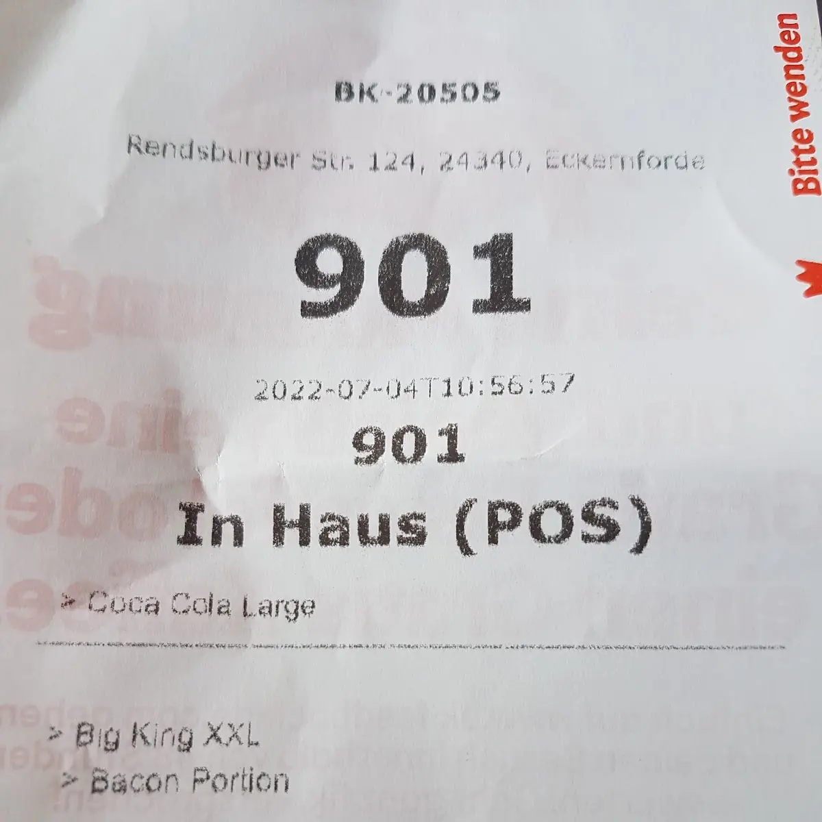 Speisekarte, Burger King Eckernförde