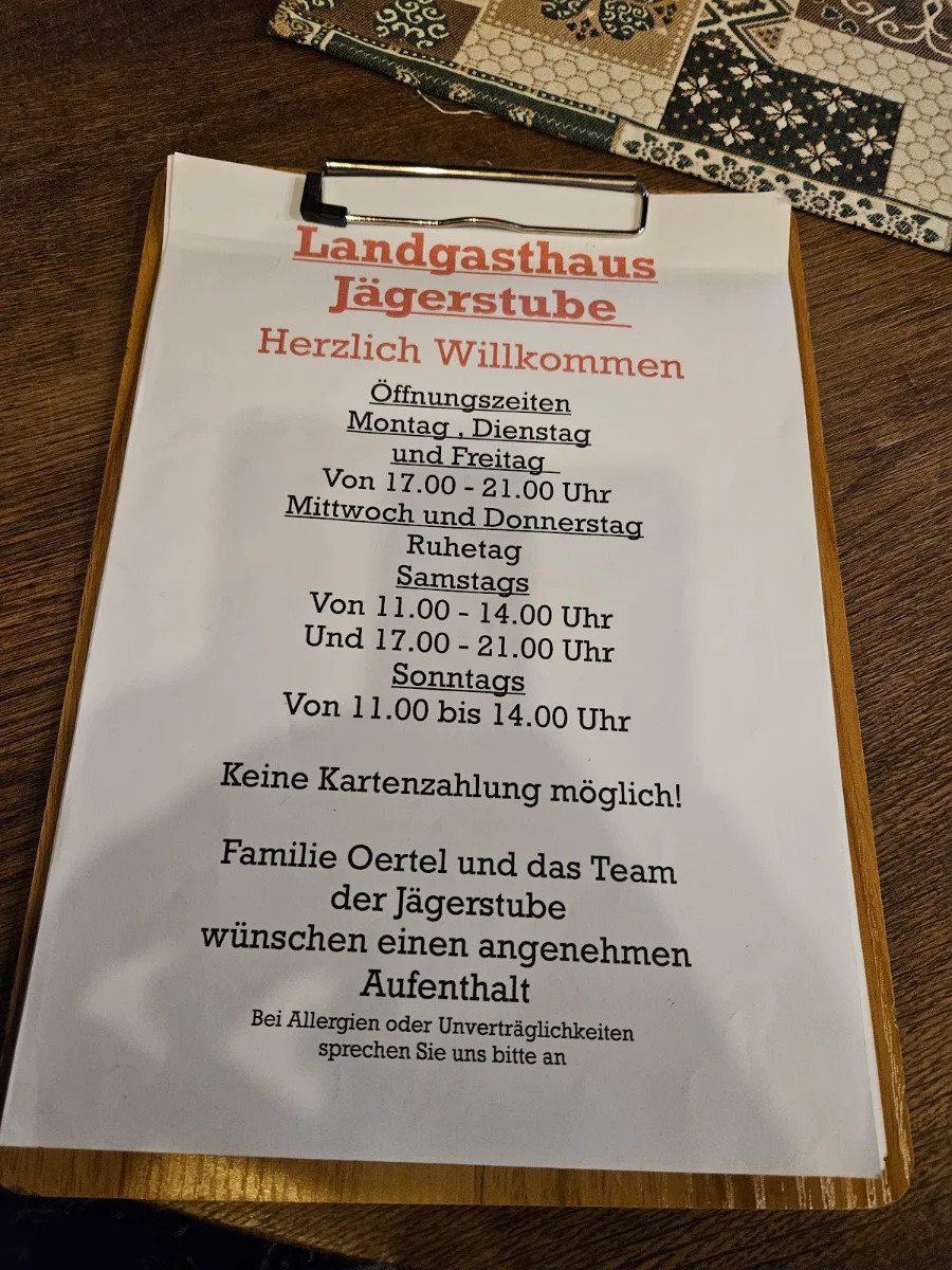 Speisekarte, Landgasthaus Jägerstube