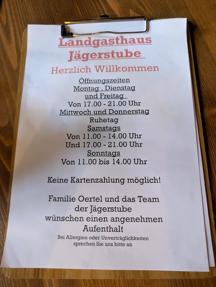 Speisekarte, Landgasthaus Jägerstube