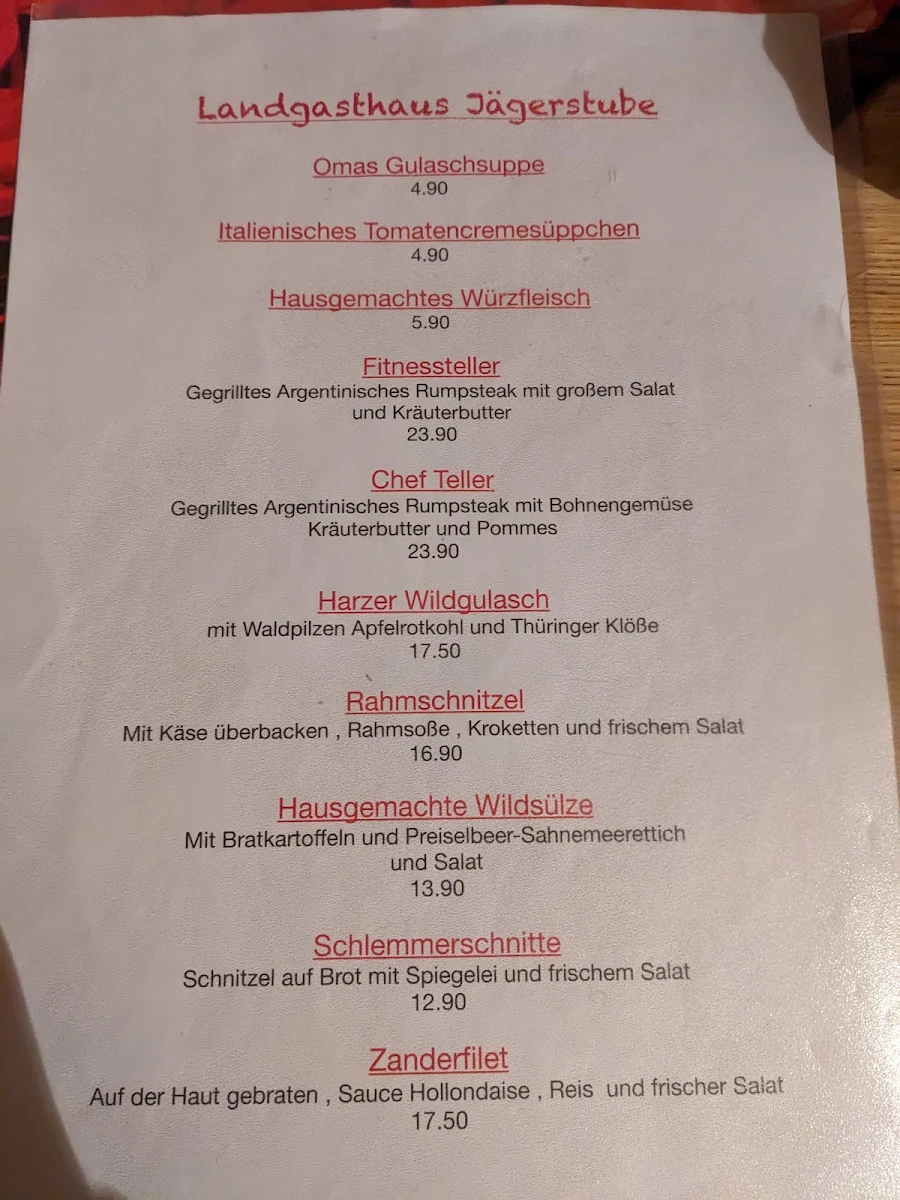 Speisekarte, Landgasthaus Jägerstube
