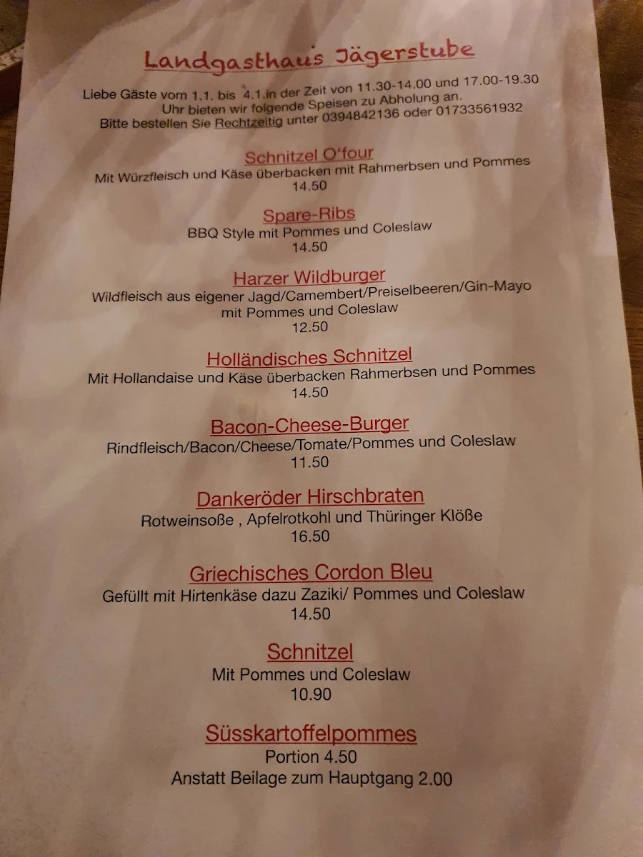 Speisekarte, Landgasthaus Jägerstube