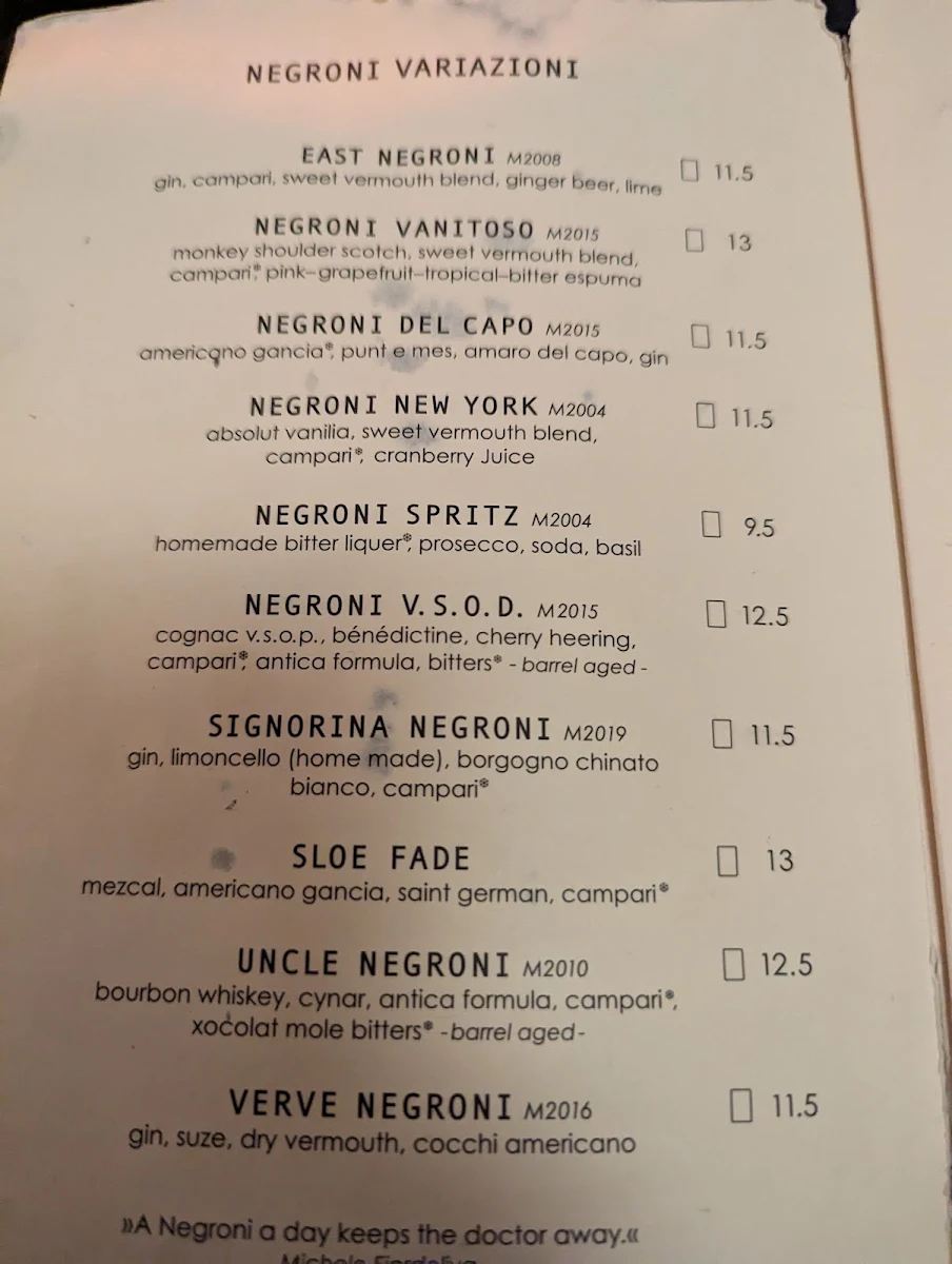 Speisekarte, Negroni Bar