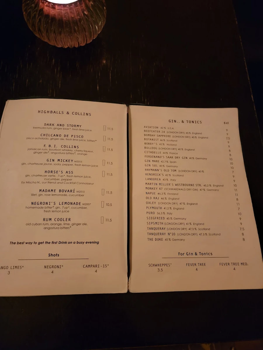 Speisekarte, Negroni Bar