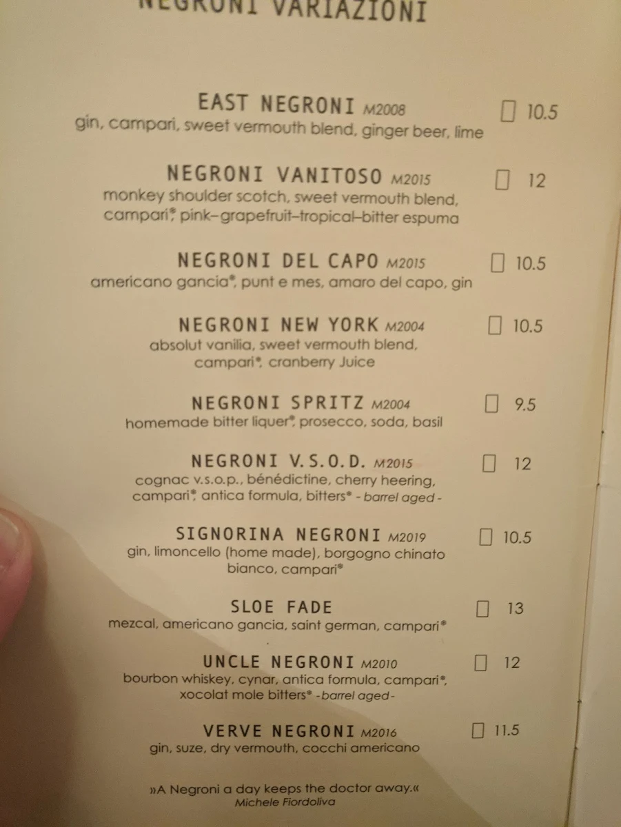 Speisekarte, Negroni Bar