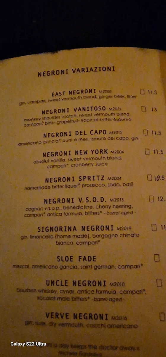 Speisekarte, Negroni Bar