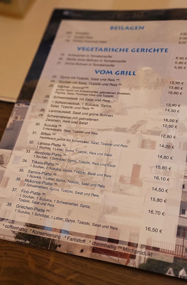 Speisekarte, Restaurant Syrtaki