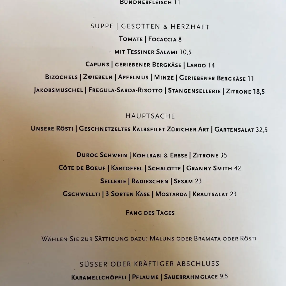 Speisekarte, Châlet Suisse