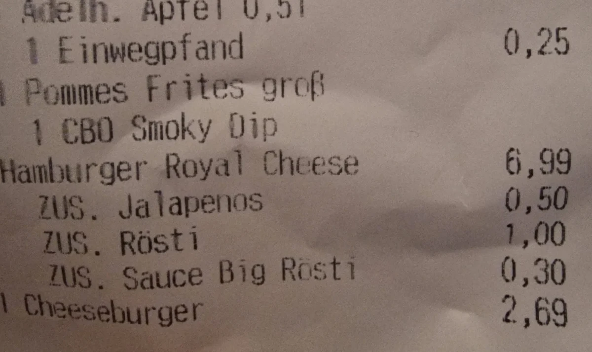 Speisekarte, McDonald's