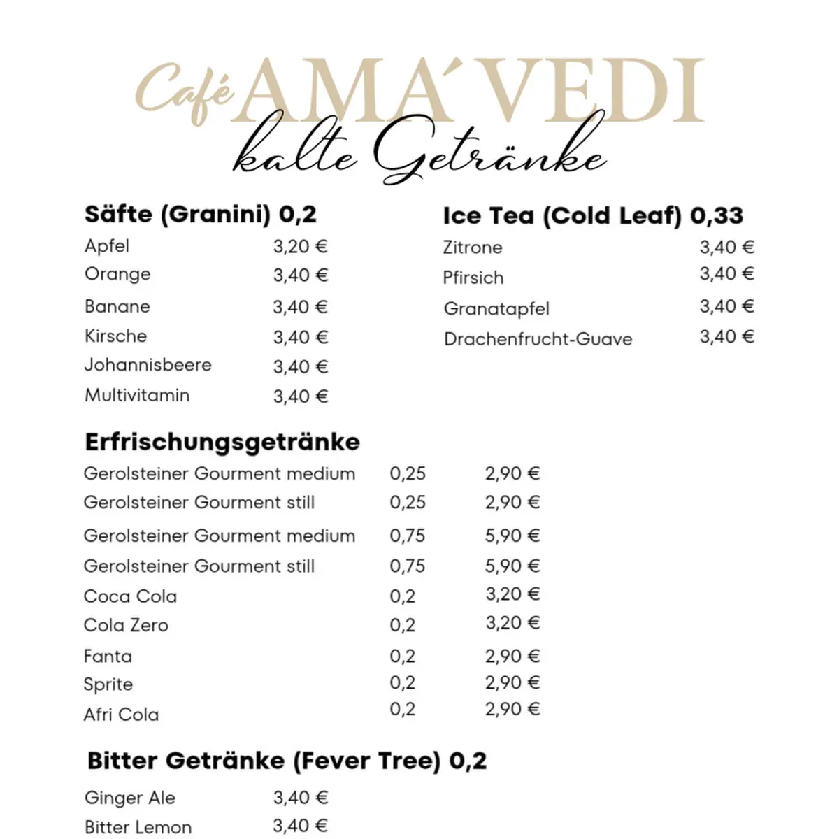 Speisekarte, Café AMA´VEDI