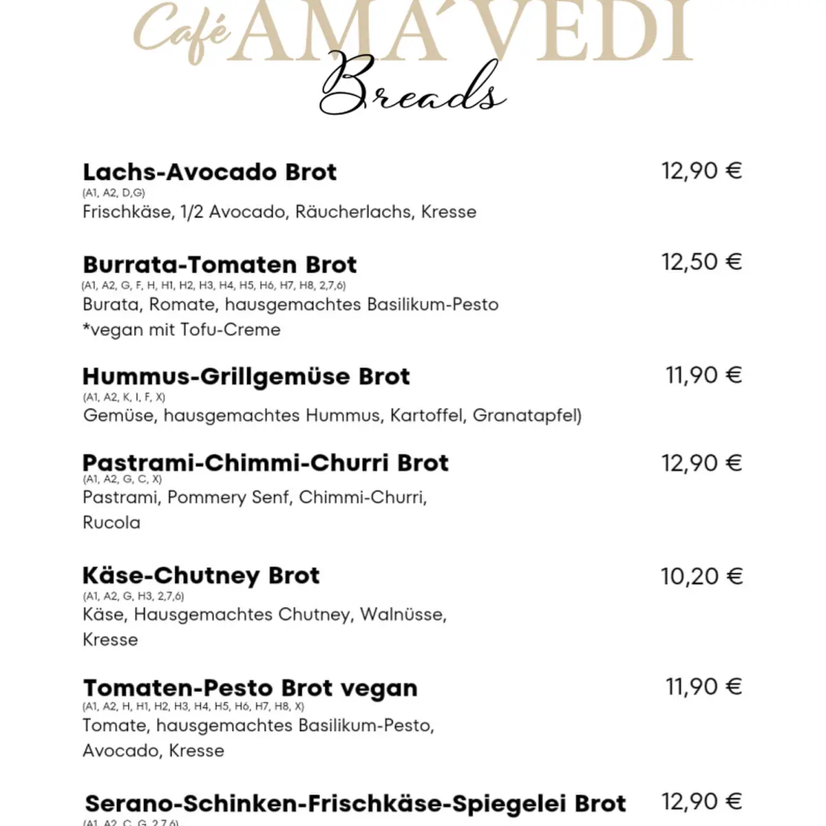 Speisekarte, Café AMA´VEDI