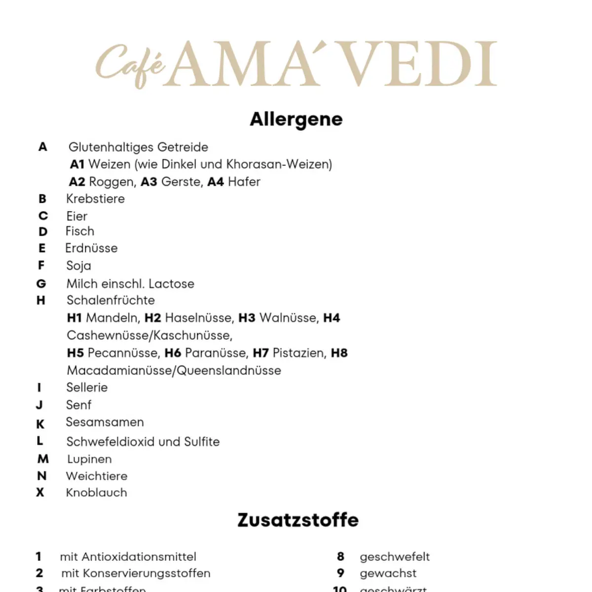 Speisekarte, Café AMA´VEDI