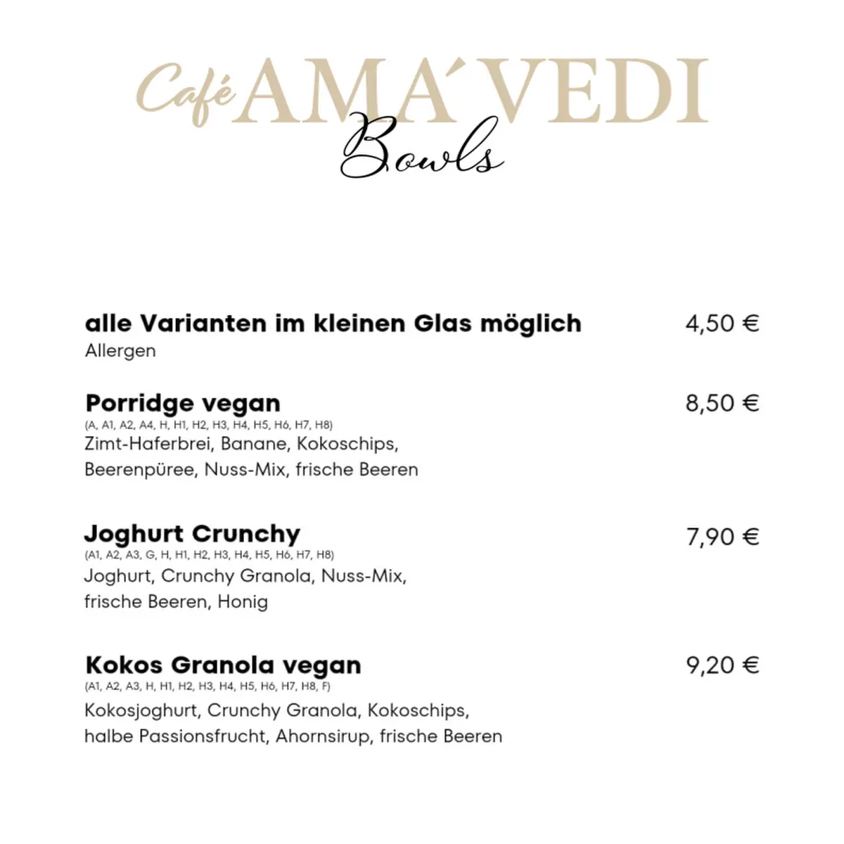 Speisekarte, Café AMA´VEDI