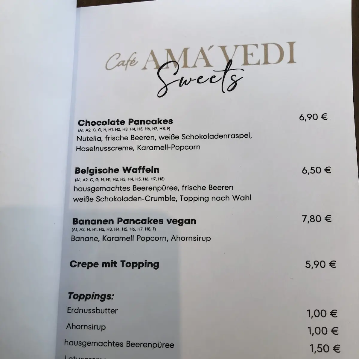 Speisekarte, Café AMA´VEDI
