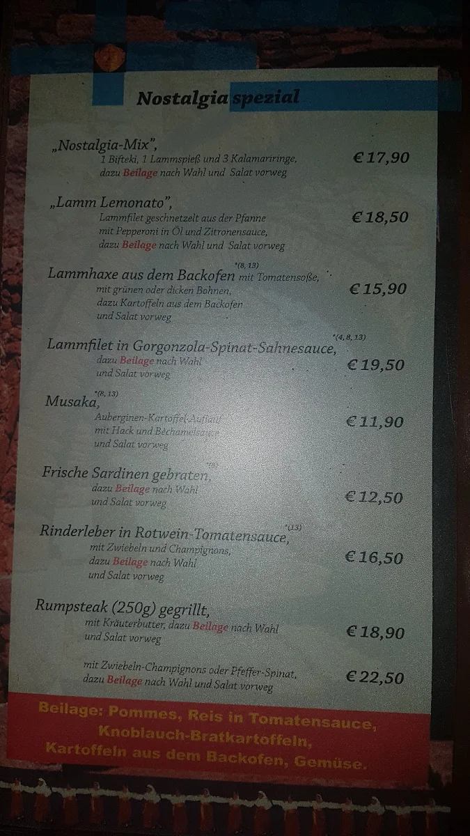 Speisekarte, Nostalgia bei Sotiris
