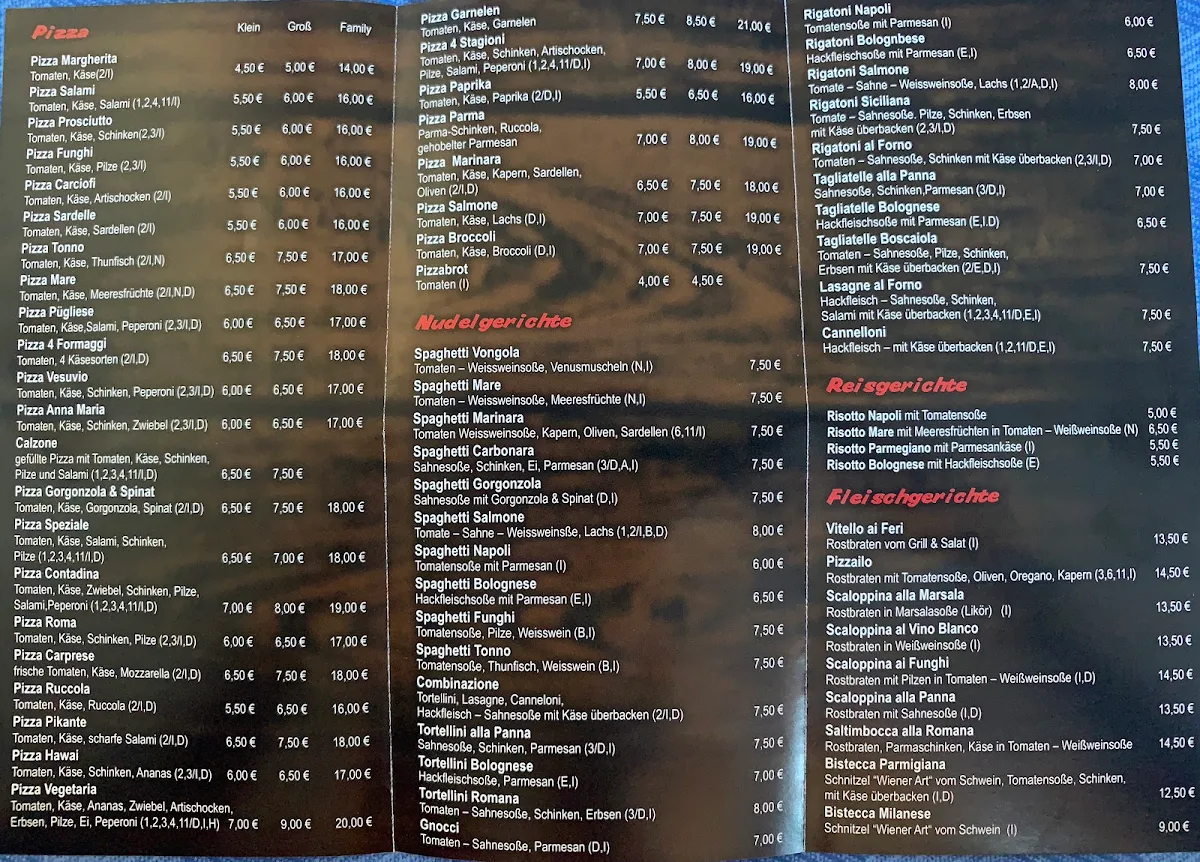 Speisekarte, Pizzeria Santa Lucia Weißenhorn