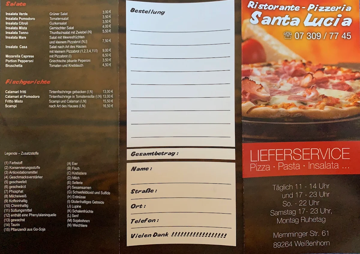Speisekarte, Pizzeria Santa Lucia Weißenhorn