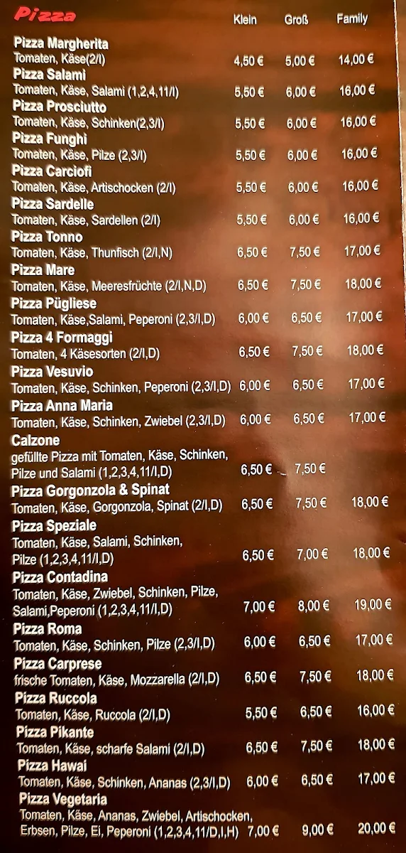 Speisekarte, Pizzeria Santa Lucia Weißenhorn
