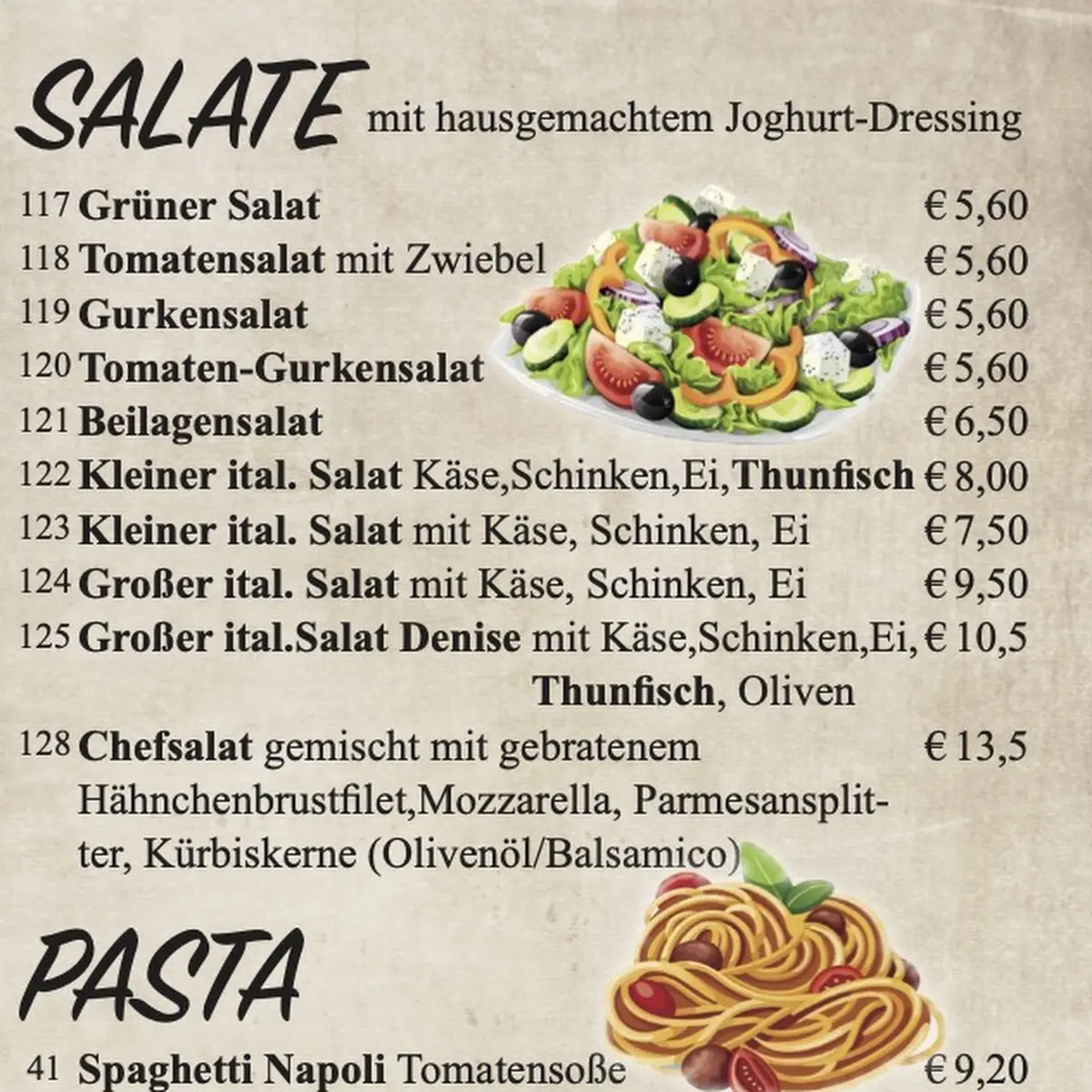Speisekarte, Ristorante-Pizzeria "Zum Goldenen Steig"