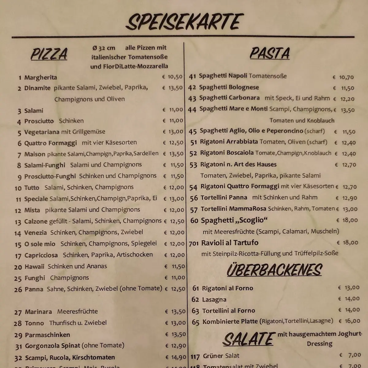 Speisekarte, Ristorante-Pizzeria "Zum Goldenen Steig"