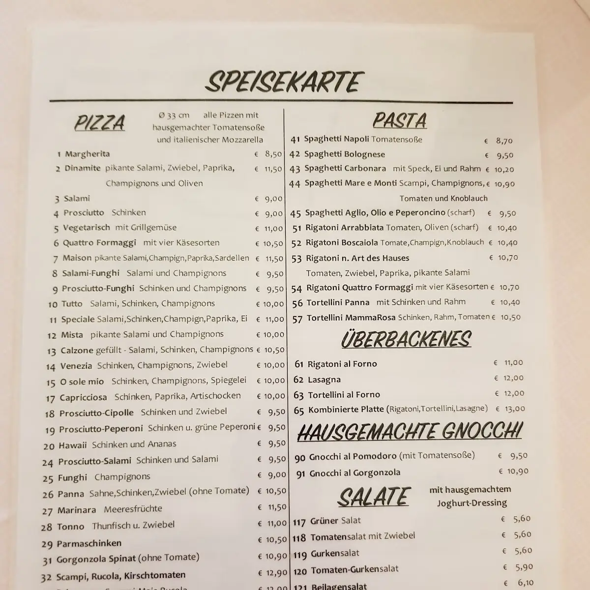 Speisekarte, Ristorante-Pizzeria "Zum Goldenen Steig"