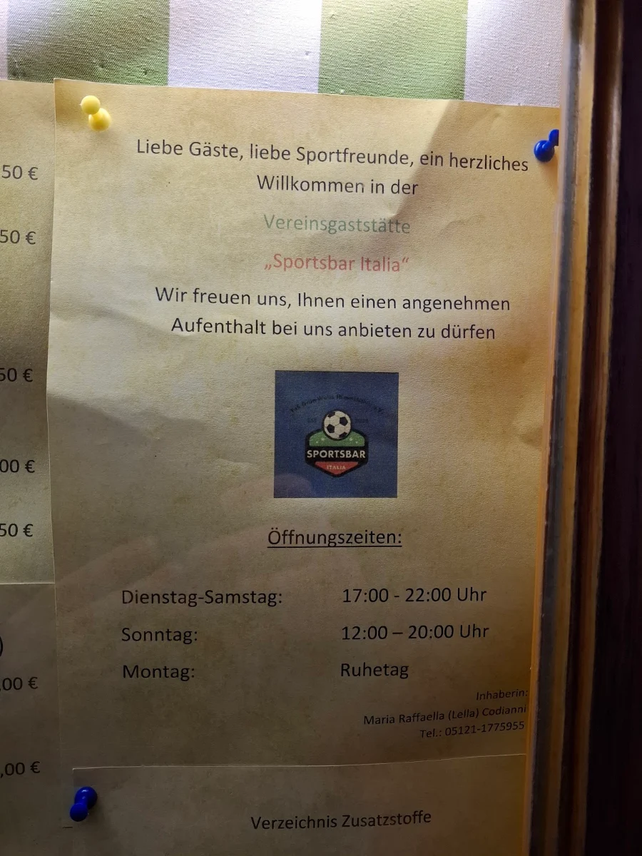 Speisekarte, Sportsbar Italia