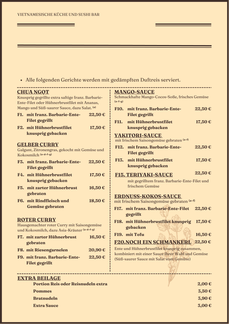 Speisekarte, Restaurant JaViệt
