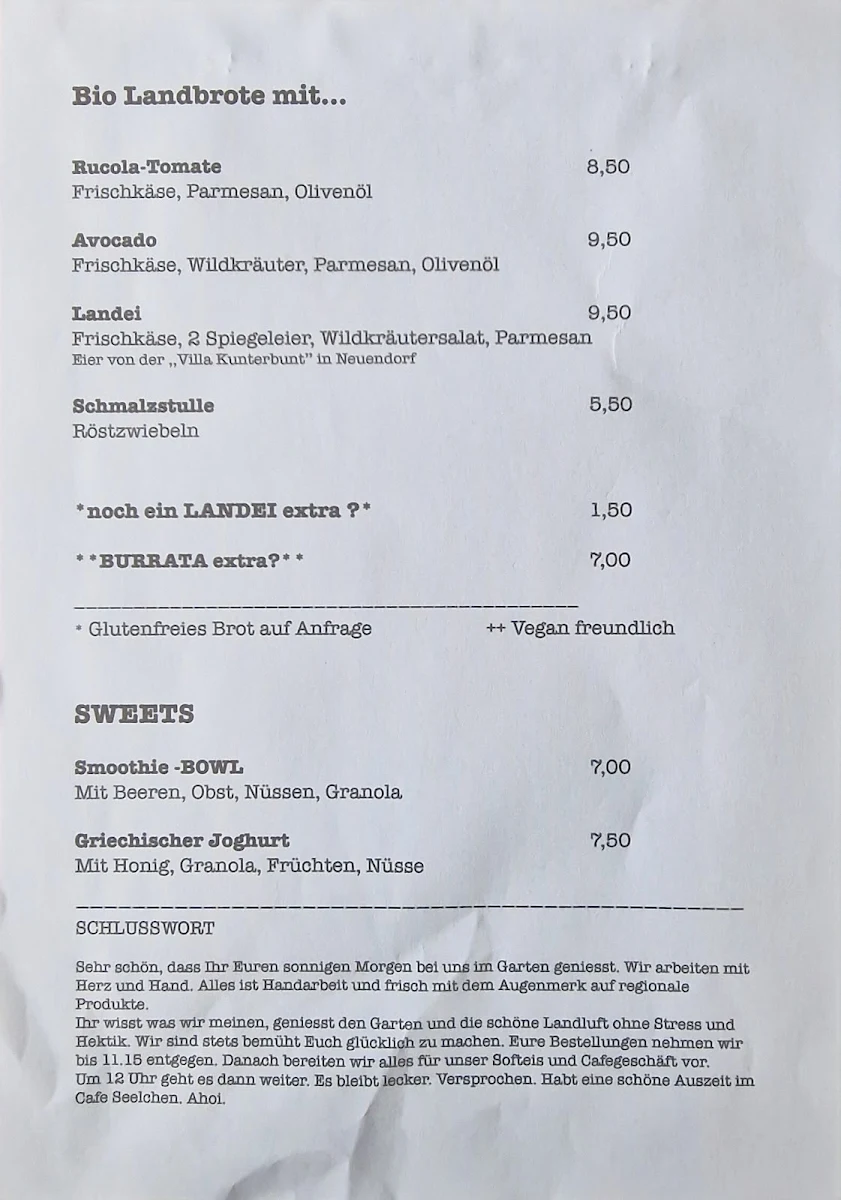 Speisekarte, Café Seelchen