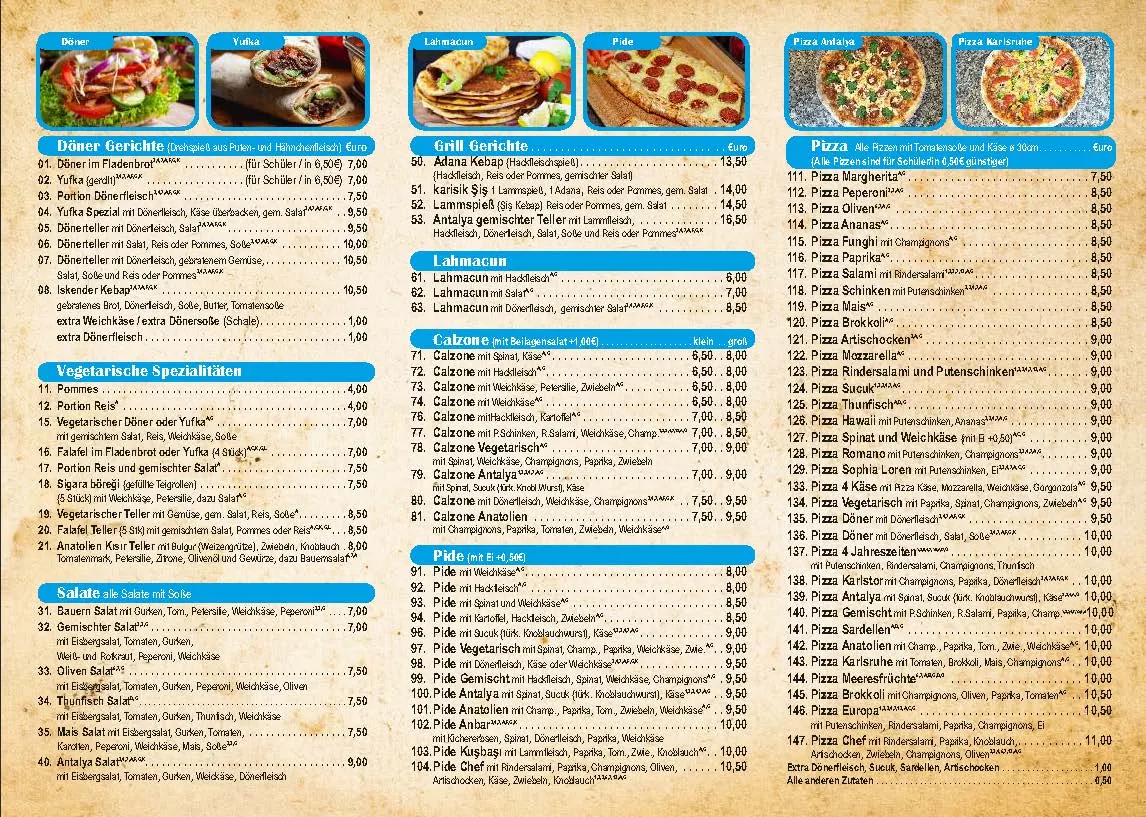 Speisekarte, Antalya Pizza & Kebaphaus