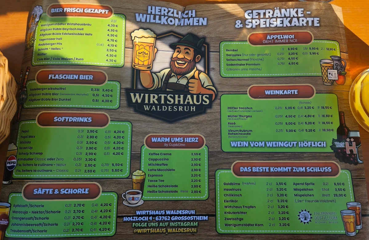 Speisekarte, Wirtshaus Waldesruh Wenigumstadt
